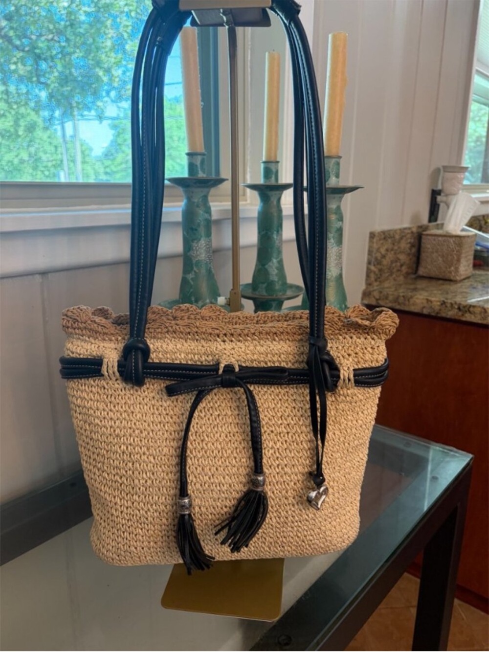 Right on Women’s Beige Straw Tote with Black Trim and Tassel Accent